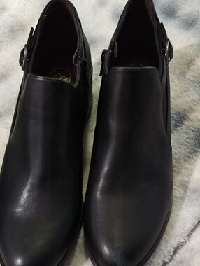 Women's Black Leather Slip-On Dress Shoes with Side Buckle